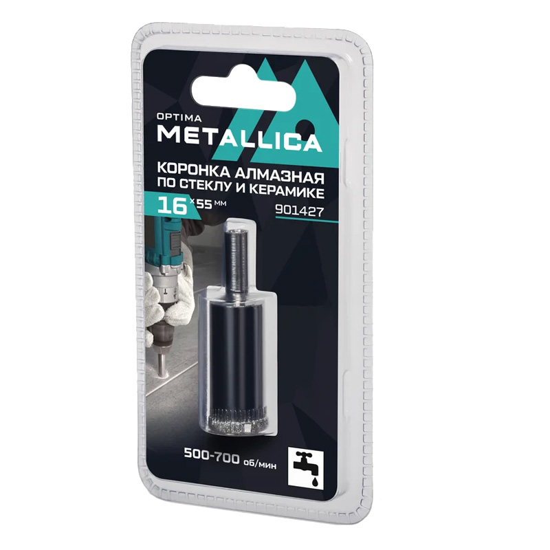 Коронка алмазная METALLICA Optima 16x55 мм, #80, по стеклу, плитке, 1 шт, в блистере. Коронка алмазная METALLICA Optima 16x55 мм, #80, по стеклу, плитке, 1 шт, в блистере.