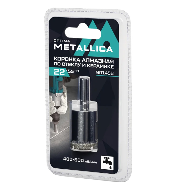 Коронка алмазная METALLICA Optima 22x55 мм, #80, по стеклу, плитке, 1 шт, в блистере.