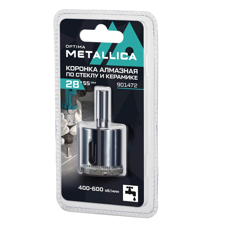 Коронка алмазная METALLICA Optima 28x55 мм, #80, по стеклу, плитке, 1 шт, в блистере.