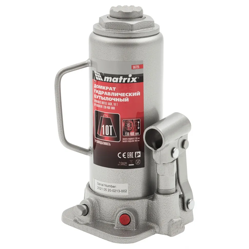 Домкрат гидравлический бутылочный, 10 т, высота подъема 230-460 мм Matrix Домкрат гидравлический бутылочный, 10 т, высота подъема 230-460 мм Matrix