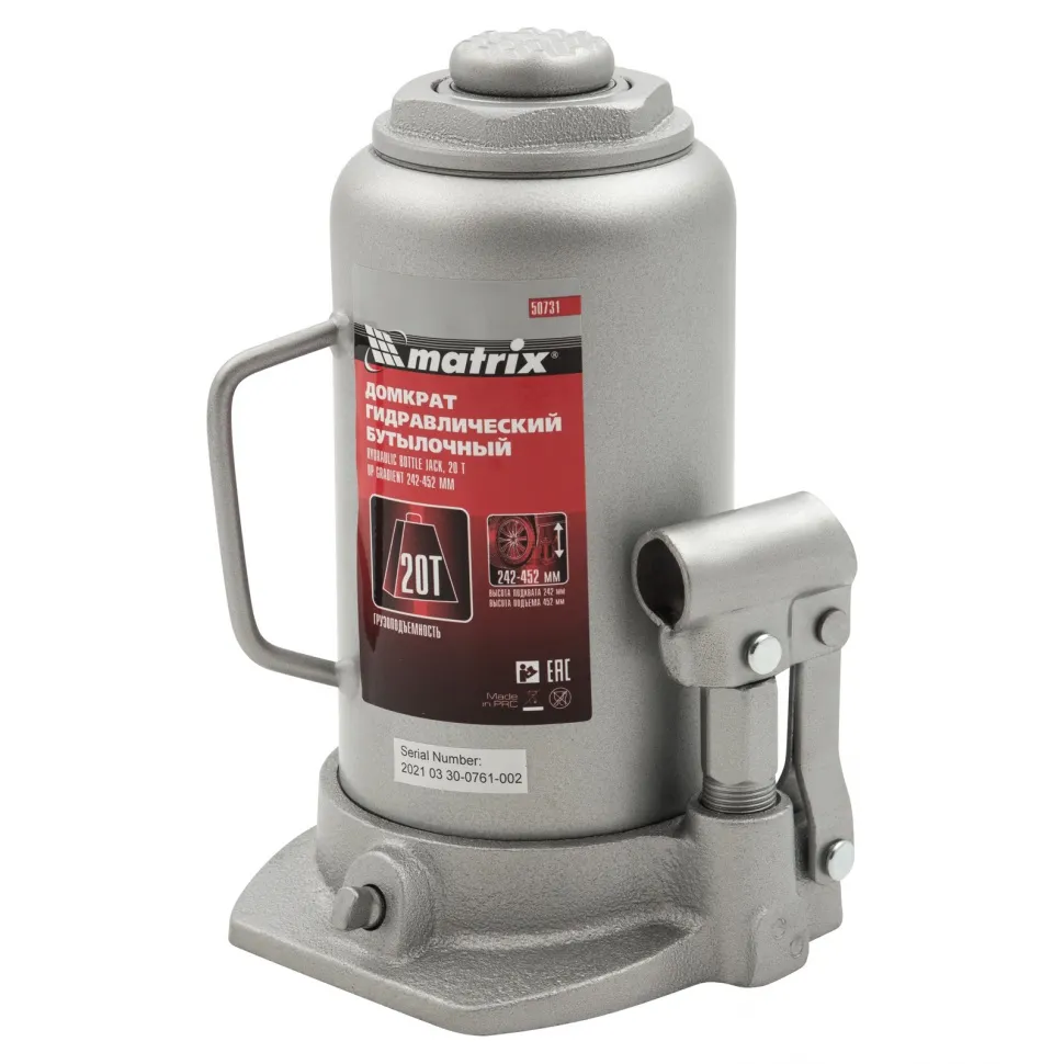 Домкрат гидравлический бутылочный, 20 т, высота подъема 242-452 мм Matrix Домкрат гидравлический бутылочный, 20 т, высота подъема 242-452 мм Matrix