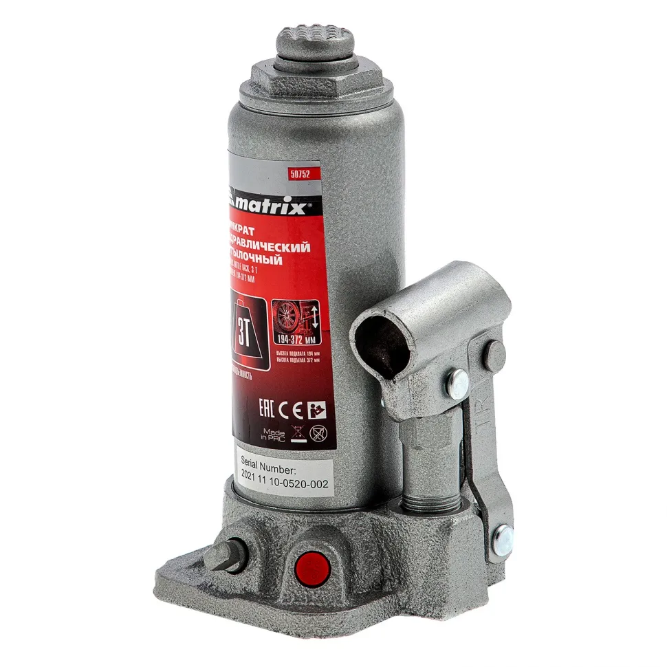 Домкрат гидравлический бутылочный, 3 т, высота подъема 194-372 мм, в пластиковый кейсе Matrix Домкрат гидравлический бутылочный, 3 т, высота подъема 194-372 мм, в пластиковый кейсе Matrix