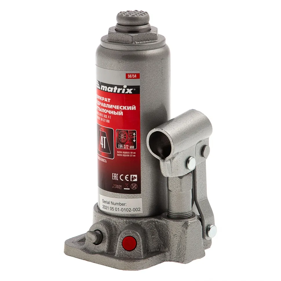 Домкрат гидравлический бутылочный, 4 т, высота подъема 194-372 мм, в пластиковый кейсе Matrix Домкрат гидравлический бутылочный, 4 т, высота подъема 194-372 мм, в пластиковый кейсе Matrix