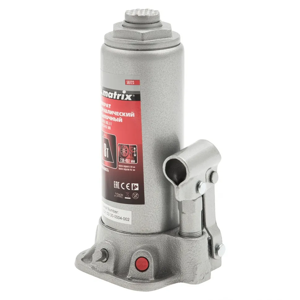 Домкрат гидравлический бутылочный, 8 т, высота подъема 230-457 мм Matrix Домкрат гидравлический бутылочный, 8 т, высота подъема 230-457 мм Matrix