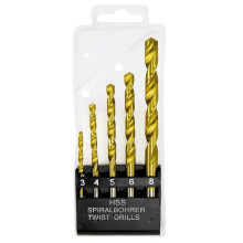 Набор нитридтитановых сверл по металлу 3-4-5-6-8 мм HSS 5 шт пластиковая коробка, цилиндр. хвостовик Набор нитридтитановых сверл по металлу 3-4-5-6-8 мм HSS 5 шт пластиковая коробка, цилиндр. хвостовик