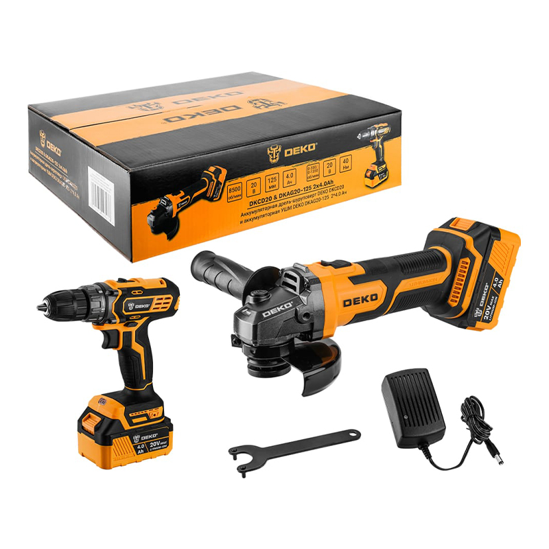 Аккумуляторная дрель-шуруповерт DEKO DKCD20 20В и аккумуляторная УШМ DEKO DKAG20-125 20В 125мм 2х4,0